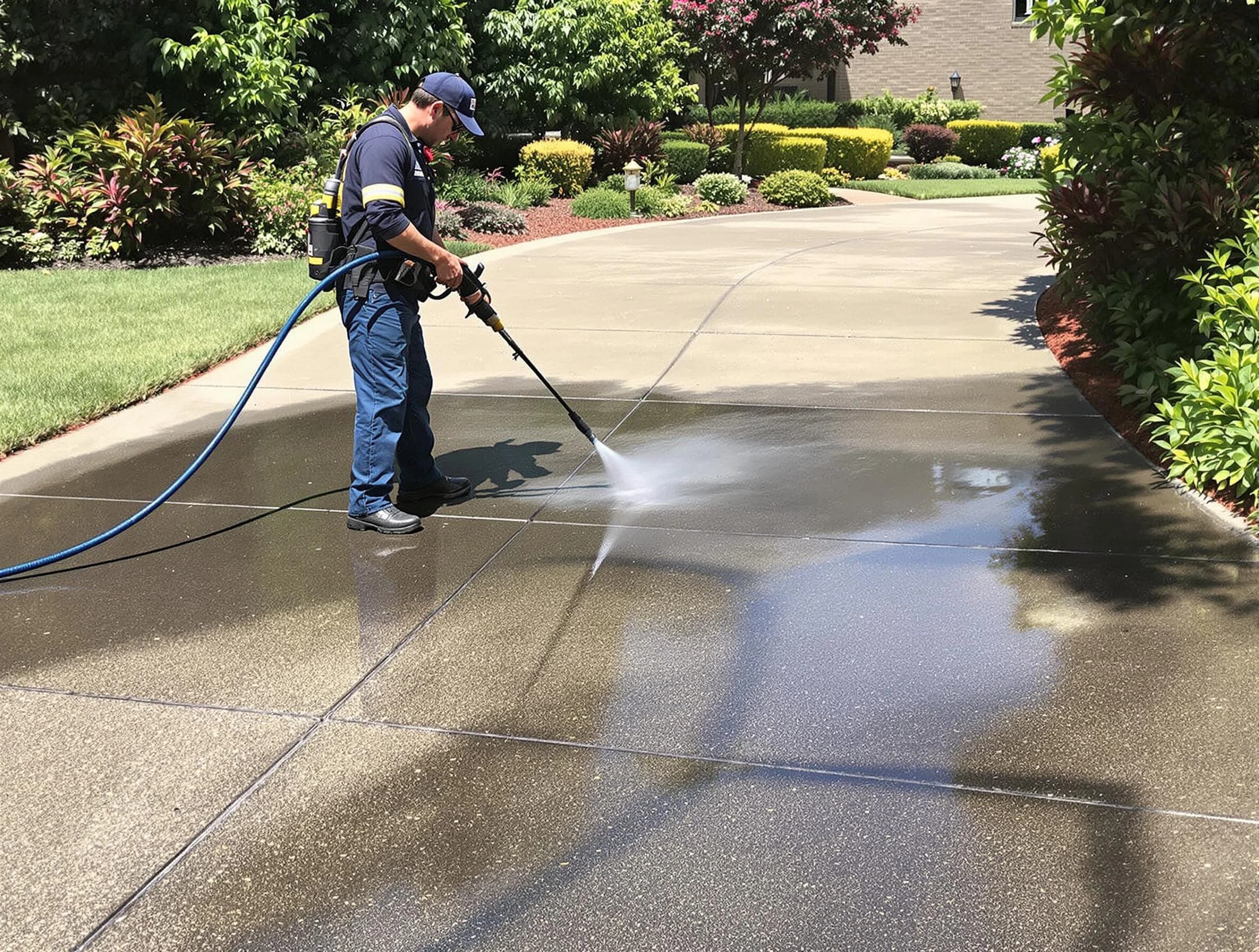 Experienced Wickliffe Power Washing team member pressure washing a driveway in Wickliffe